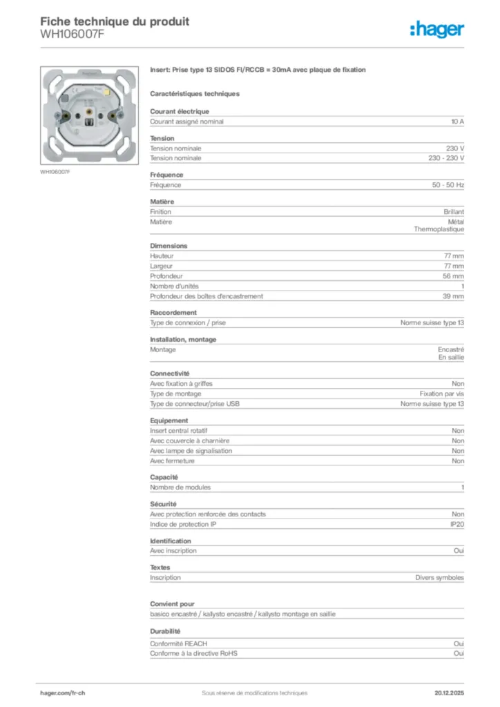 Image Hager Fiche technique du produit WH106007F | Hager Suisse