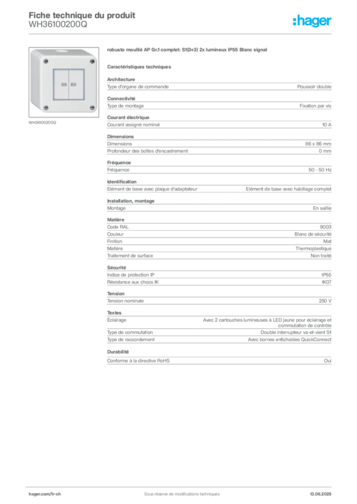 Image Hager Fiche technique du produit WH36100200Q | Hager Suisse
