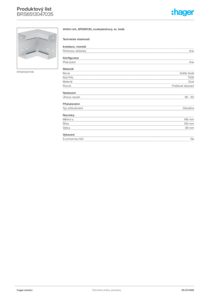 Obrázek Hager Produktový list BRS6513047035 | Hager
