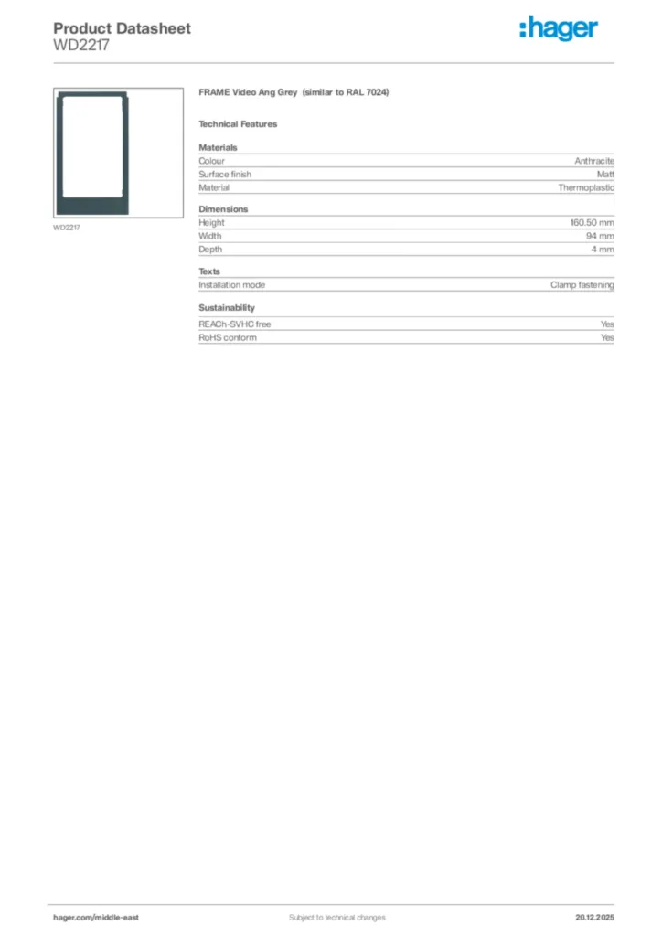 Image Hager Product data sheet WD2217  | Hager