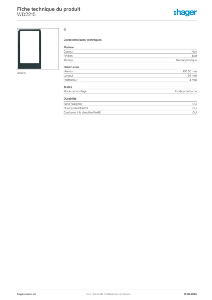 Image Hager Fiche technique du produit WD2215 | Hager Suisse