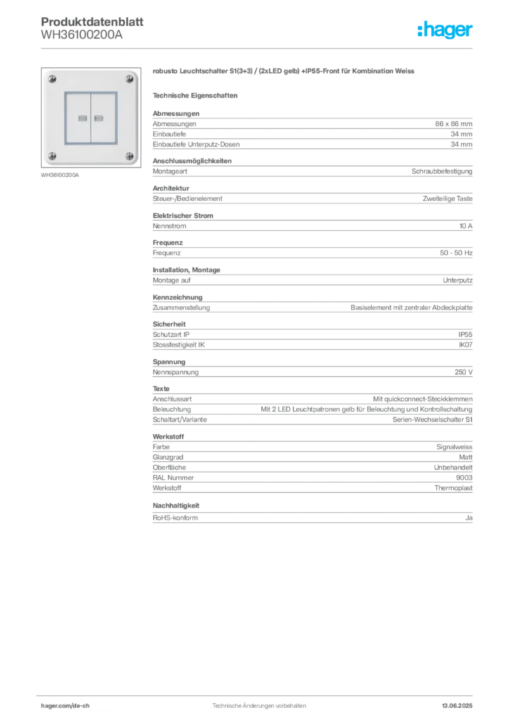 Bild Hager Produktdatenblatt WH36100200A | Hager Schweiz