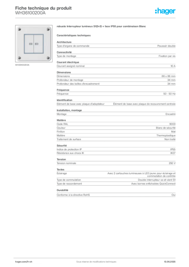 Image Hager Fiche technique du produit WH36100200A | Hager Suisse