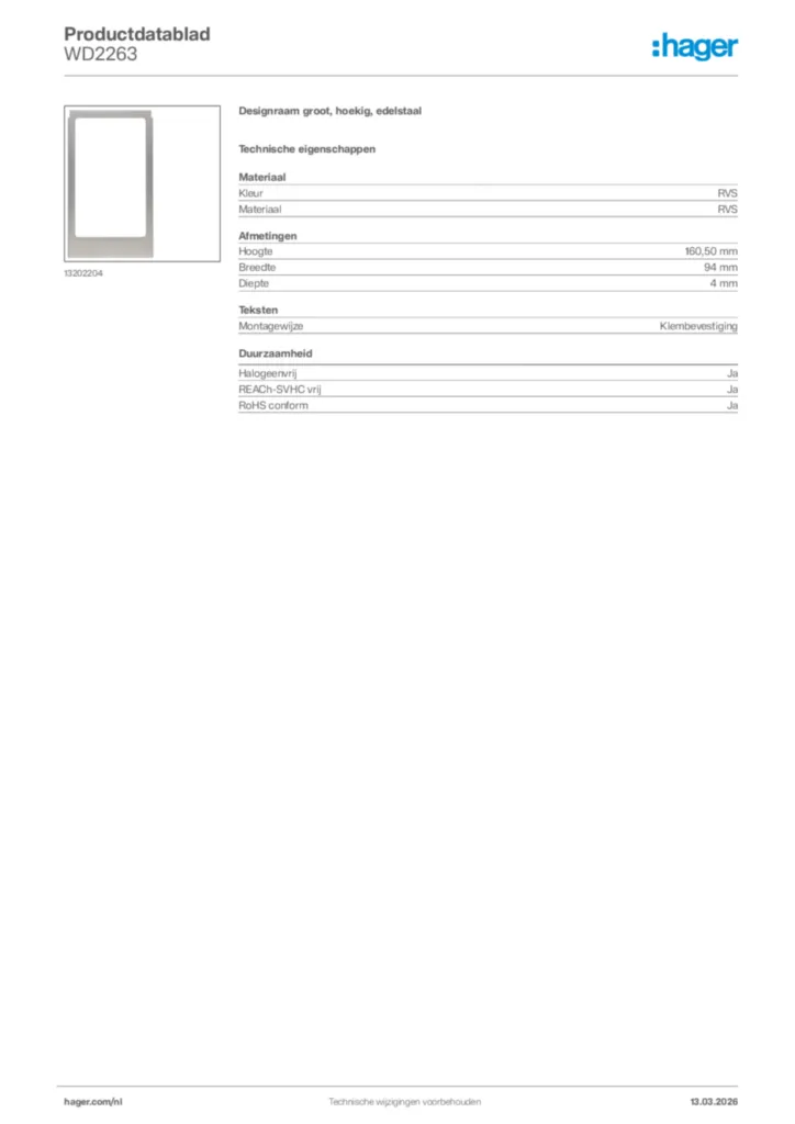 Afbeelding Hager Productdatablad WD2263 | Hager Nederland