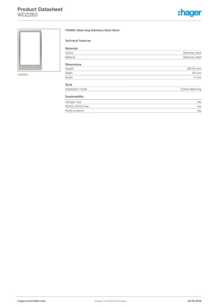Image Hager Product data sheet WD2263  | Hager