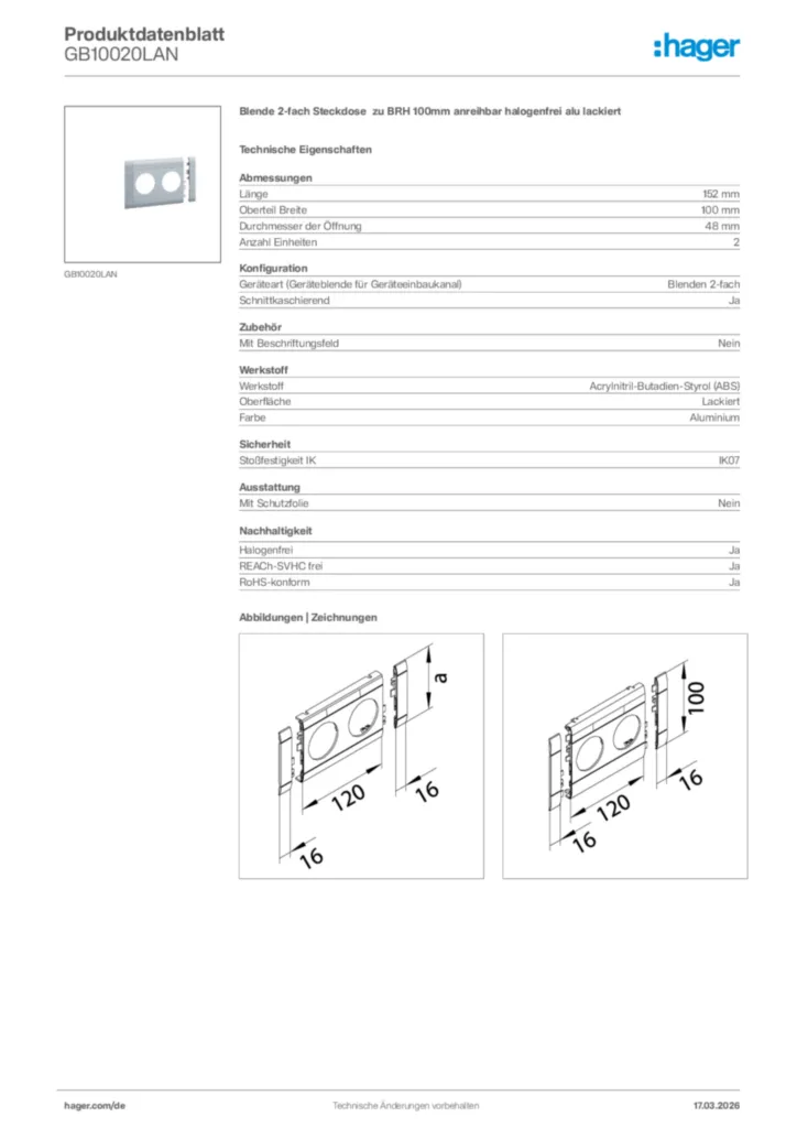 Bild Hager Produktdatenblatt GB10020LAN | Hager Deutschland