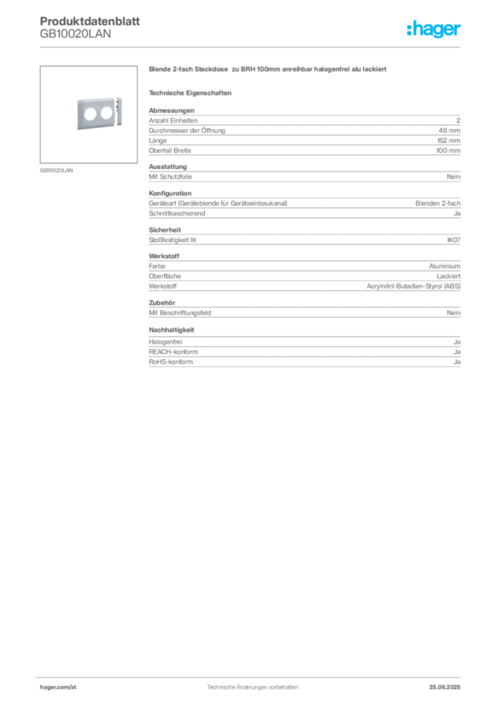 Bild Hager Produktdatenblatt GB10020LAN | Hager Deutschland