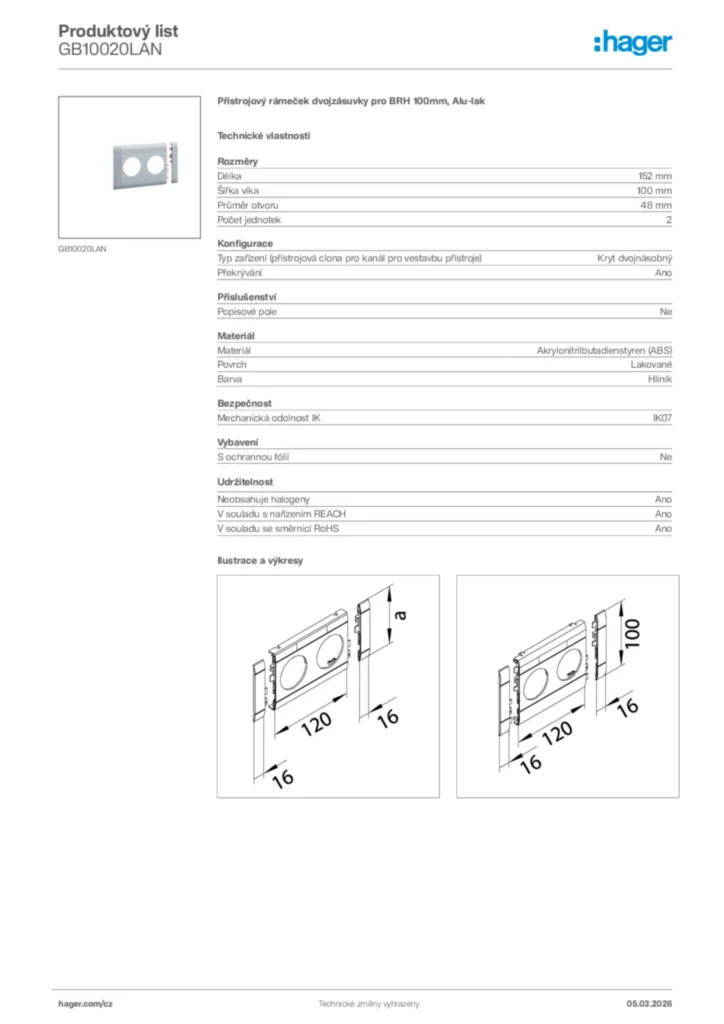 Obrázek Hager Product data sheet GB10020LAN | Hager