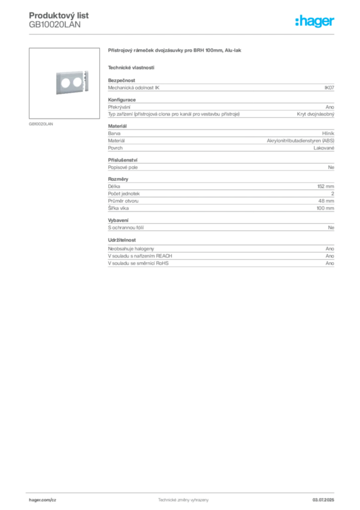 Obrázek Hager Produktový list GB10020LAN | Hager