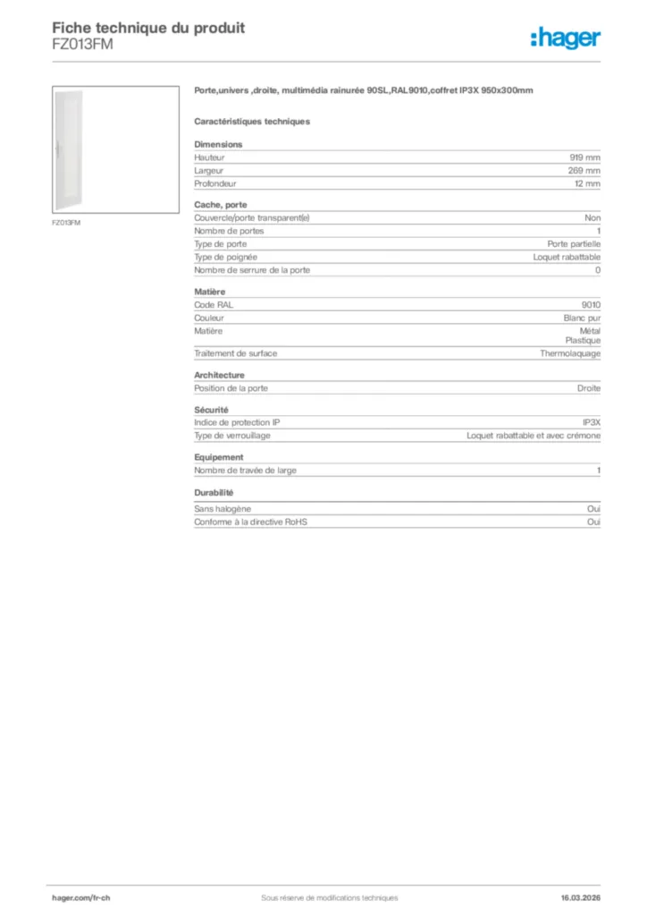 Image Hager Fiche technique du produit FZ013FM | Hager Suisse