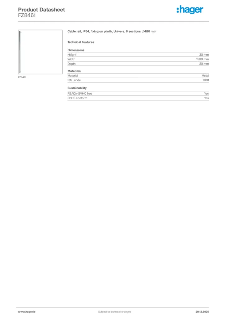 Image Hager Product data sheet FZ8461  | Hager