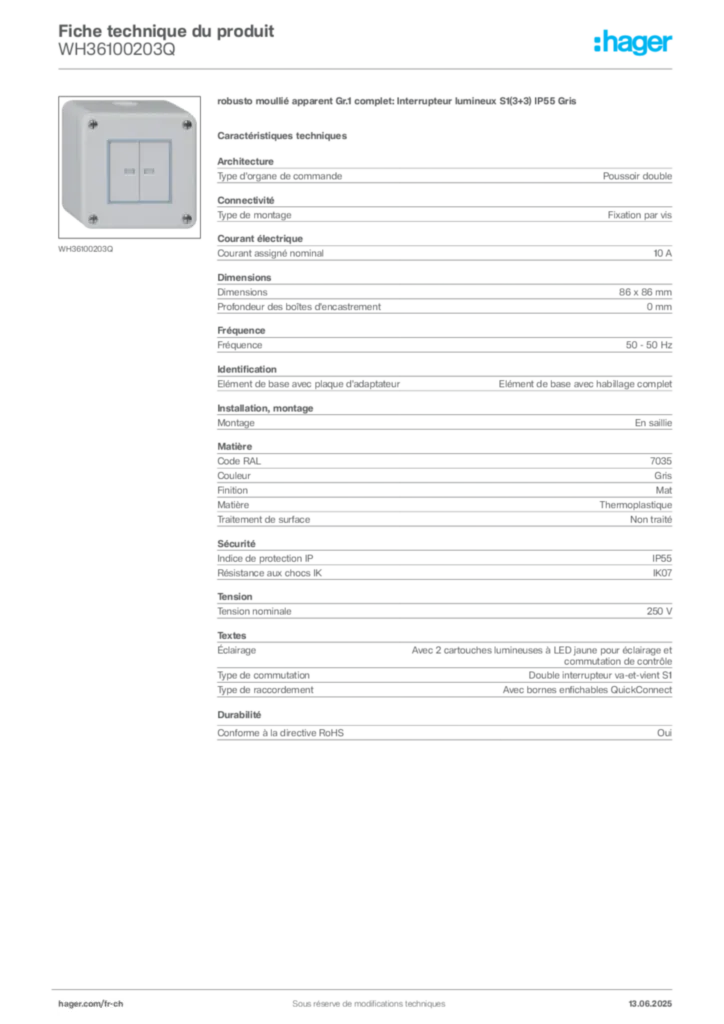 Image Hager Fiche technique du produit WH36100203Q | Hager Suisse