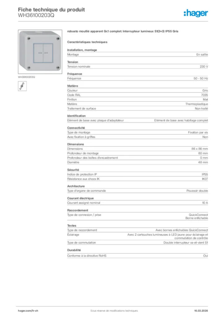 Image Hager Fiche technique du produit WH36100203Q | Hager Suisse