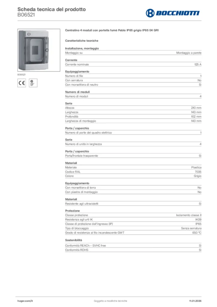 Immagine Bocchiotti Scheda tecnica del prodotto B06521 | Hager Italia