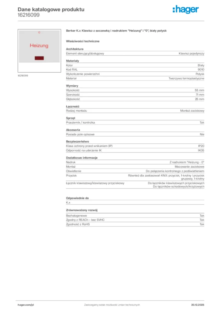 Zdjęcie Hager Dane katalogowe produktu 16216099 | Hager Polska
