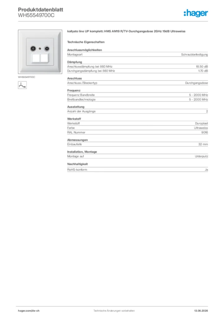 Bild Hager Produktdatenblatt WH55549700C | Hager Schweiz