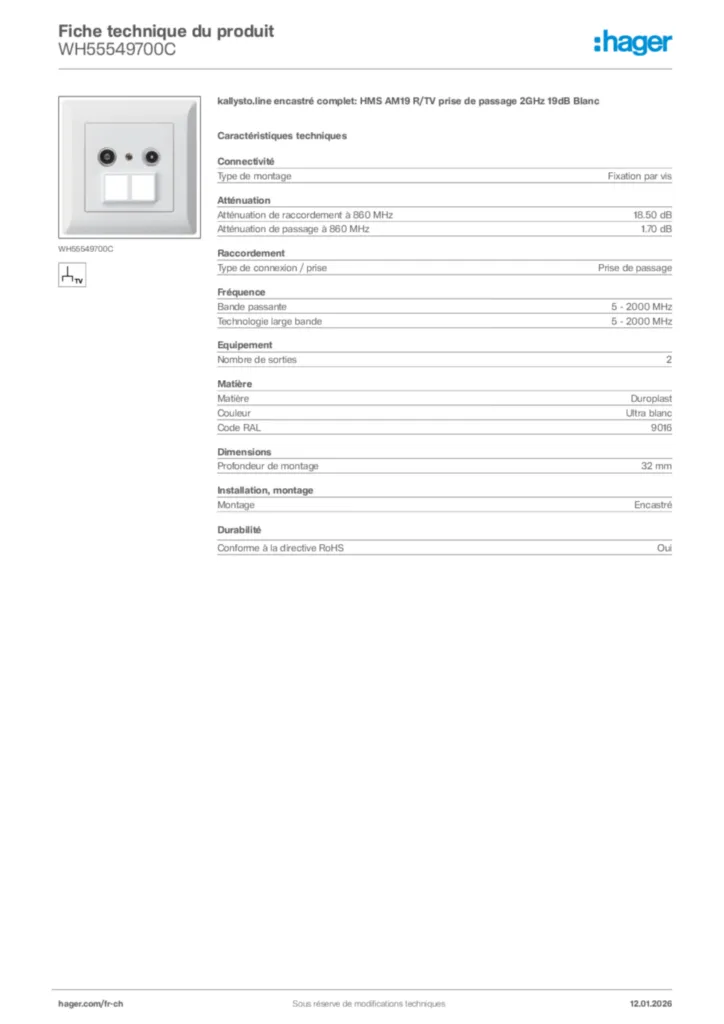 Image Hager Fiche technique du produit WH55549700C | Hager Suisse