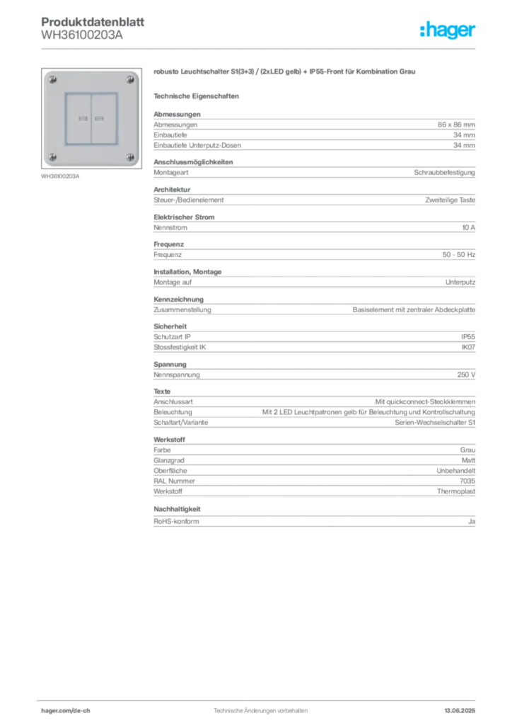Bild Hager Produktdatenblatt WH36100203A | Hager Schweiz