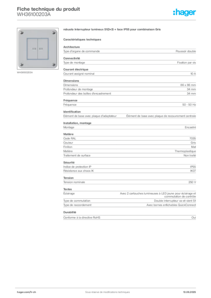 Image Hager Fiche technique du produit WH36100203A | Hager Suisse