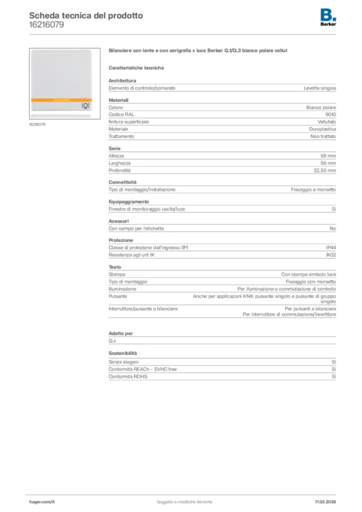 Immagine Berker Scheda tecnica del prodotto 16216079 | Hager Italia