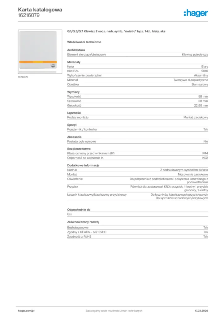 Zdjęcie Hager Karta katalogowa 16216079 | Hager Polska