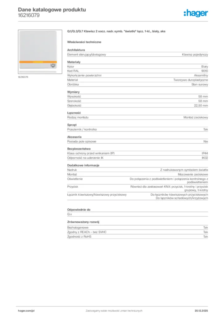Zdjęcie Hager Dane katalogowe produktu 16216079 | Hager Polska