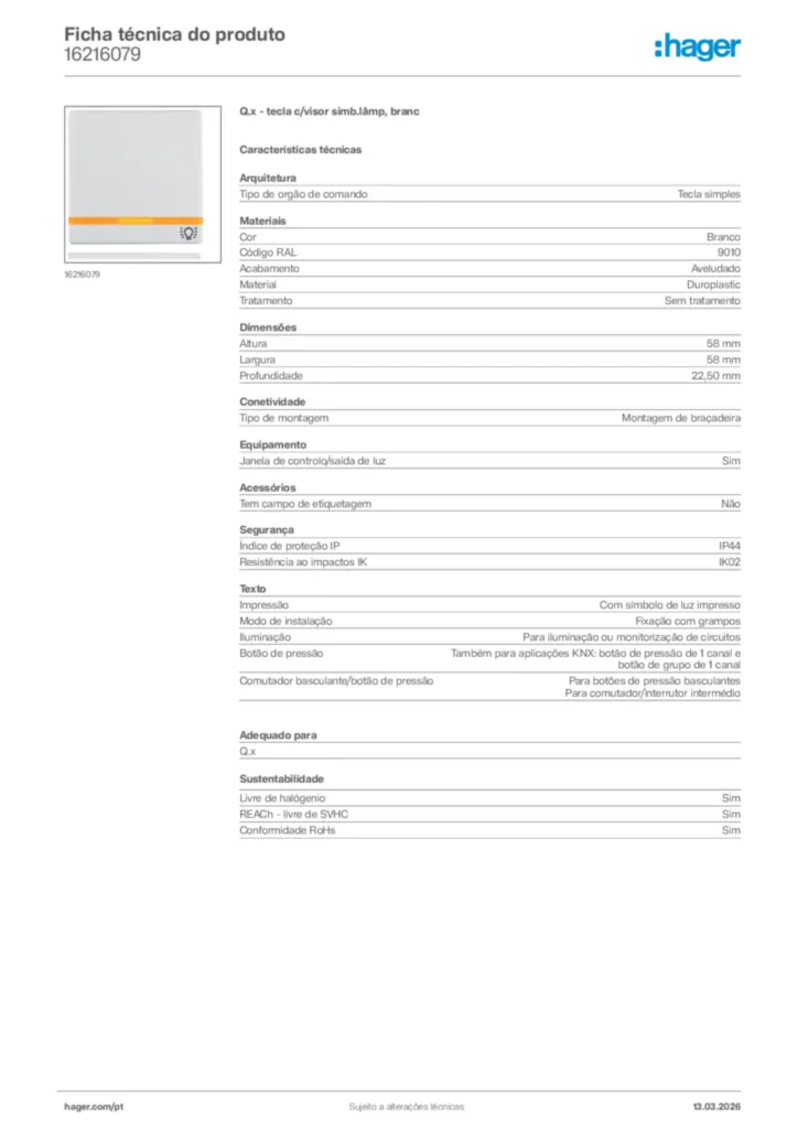 Imagem Hager Ficha técnica do produto 16216079 | Hager Portugal