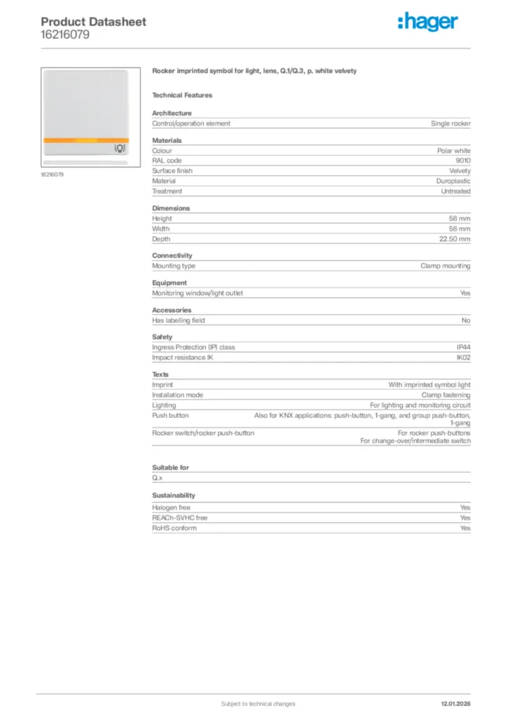 Image Hager Product data sheet 16216079  | Hager