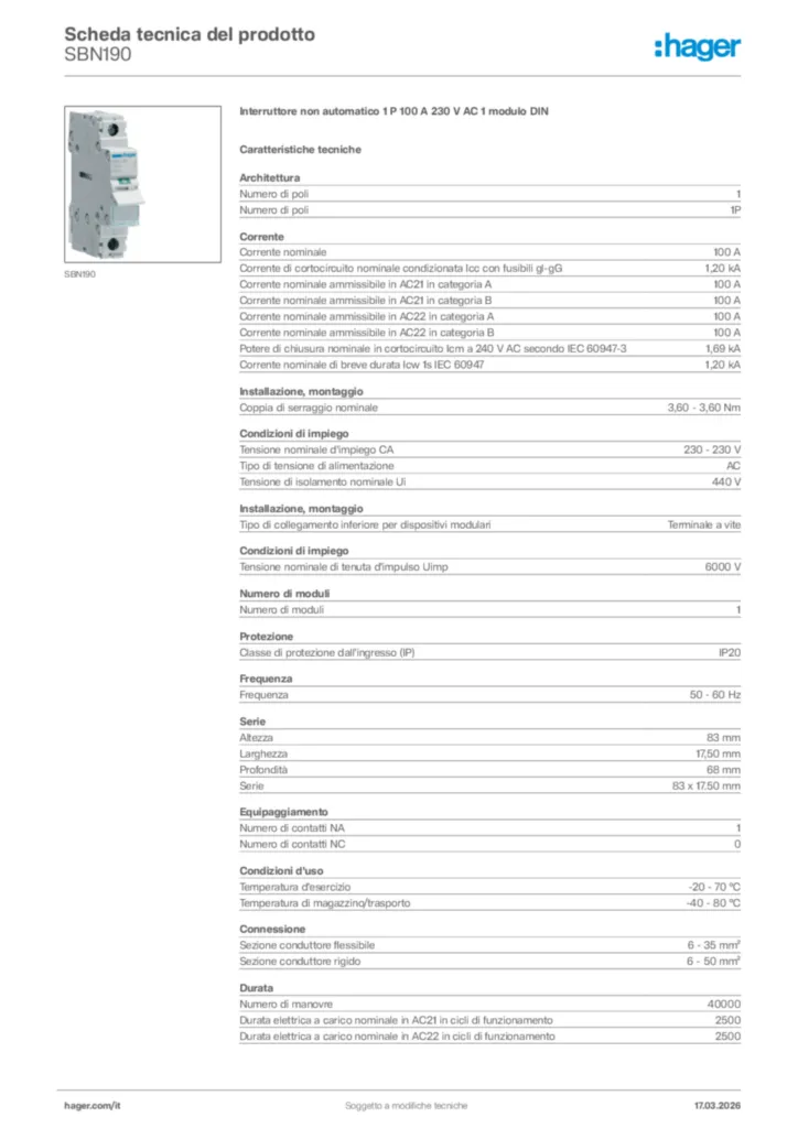Immagine Hager Scheda tecnica del prodotto SBN190 | Hager Italia