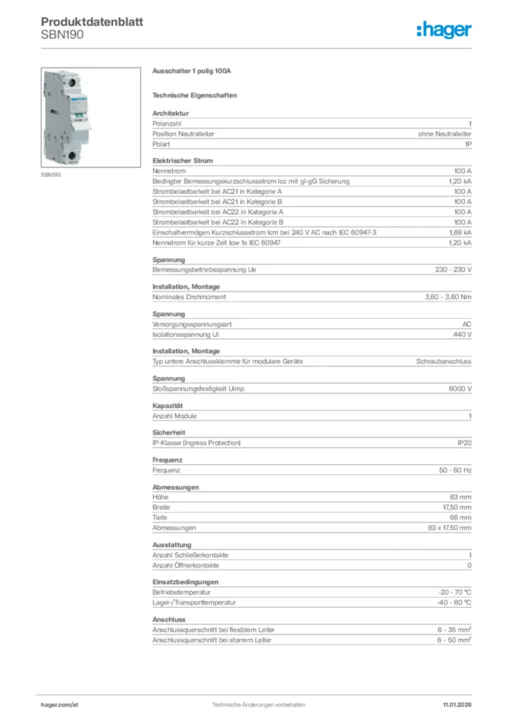 Bild Hager Produktdatenblatt SBN190 | Hager Deutschland