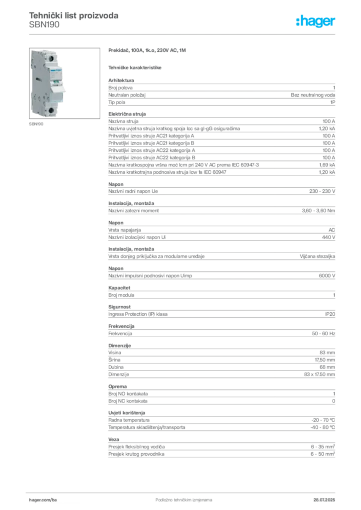 Slika Hager Product data sheet SBN190  | Hager
