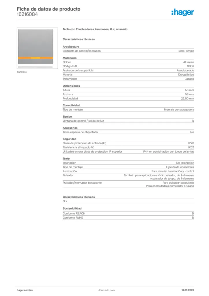 Imagen Hager Ficha de datos de producto 16216084 | Hager España