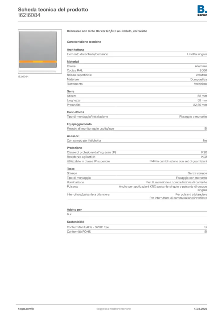 Immagine Berker Scheda tecnica del prodotto 16216084 | Hager Italia