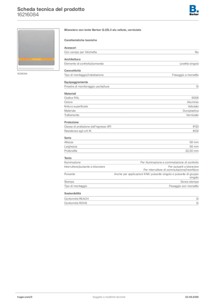 Immagine Berker Scheda tecnica del prodotto 16216084 | Hager Italia