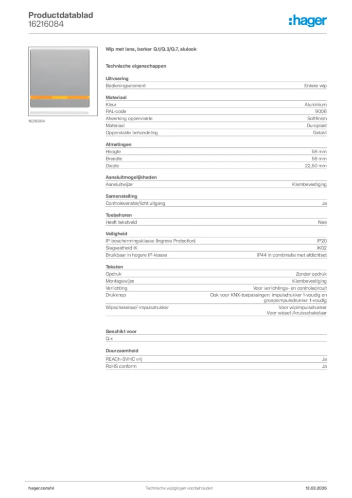 Afbeelding Hager Productdatablad 16216084 | Hager Nederland