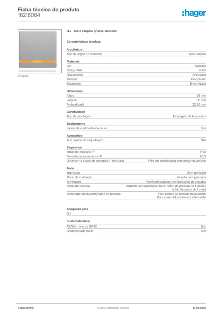 Imagem Hager Ficha técnica do produto 16216084 | Hager Portugal