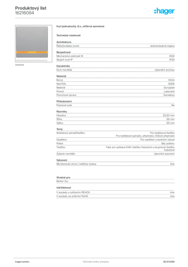 Obrázek Hager Produktový list 16216084 | Hager