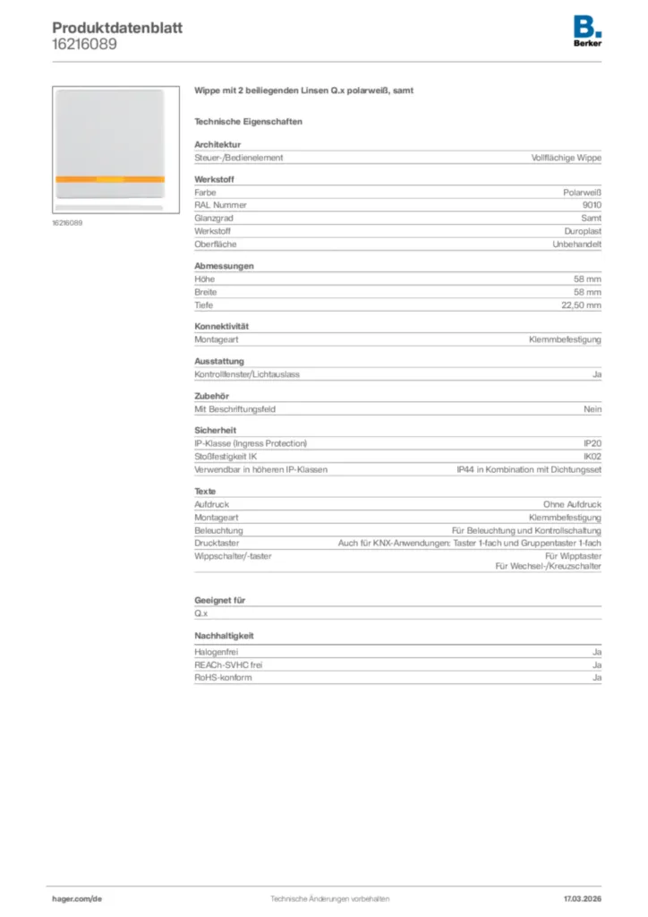 Bild Berker Produktdatenblatt 16216089 | Hager Deutschland