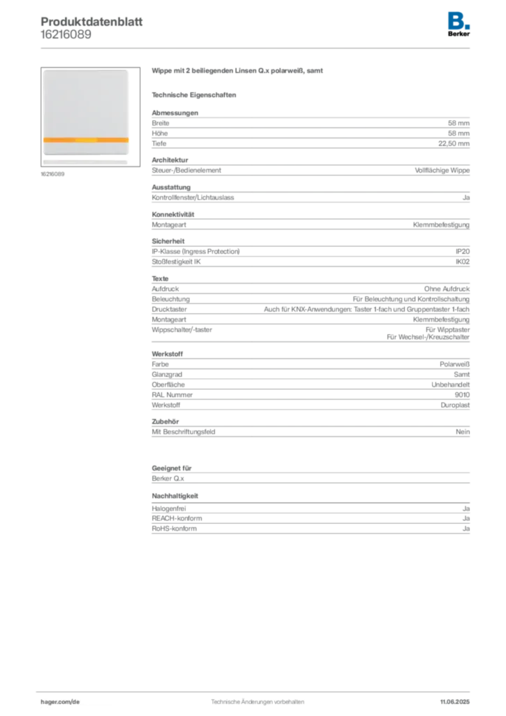Bild Berker Produktdatenblatt 16216089 | Hager Deutschland