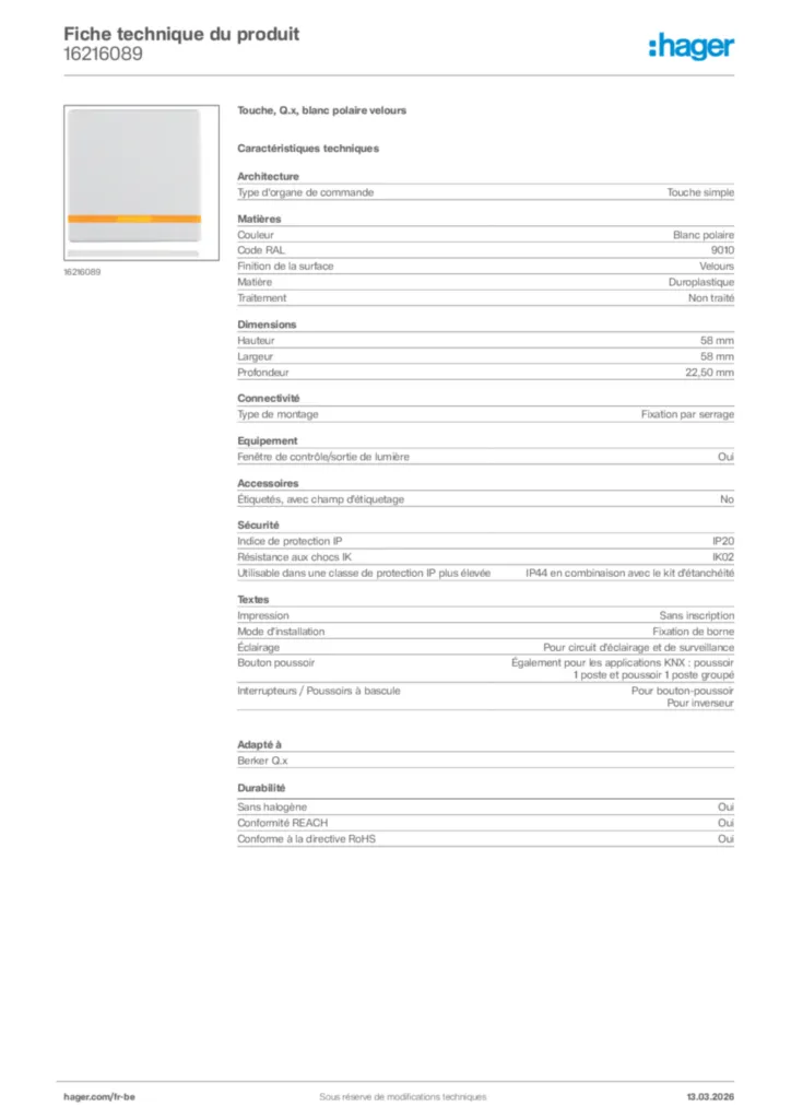 Image Hager Fiche technique du produit 16216089 | Hager Belgique