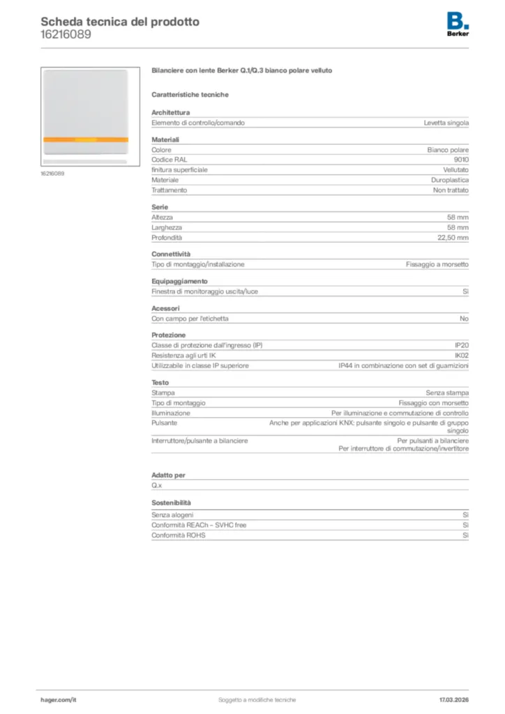 Immagine Berker Scheda tecnica del prodotto 16216089 | Hager Italia