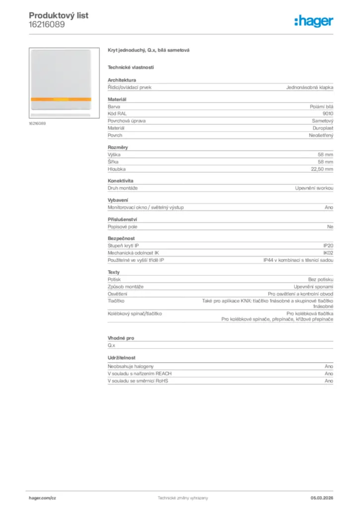 Obrázek Hager Product data sheet 16216089 | Hager