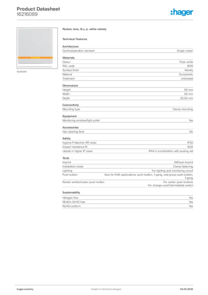 Image Hager Product data sheet 16216089  | Hager