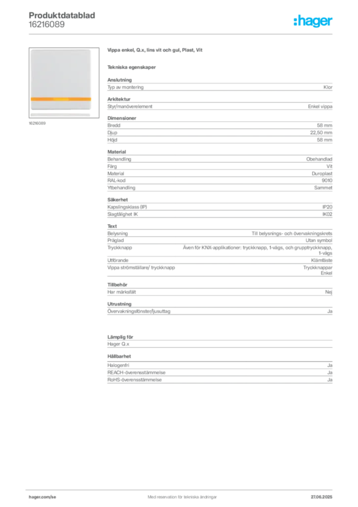 Bild Hager Produktdatablad 16216089 | Hager Sverige