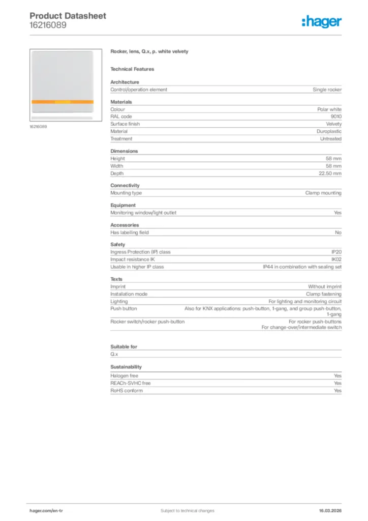 Image Hager Product data sheet 16216089  | Hager