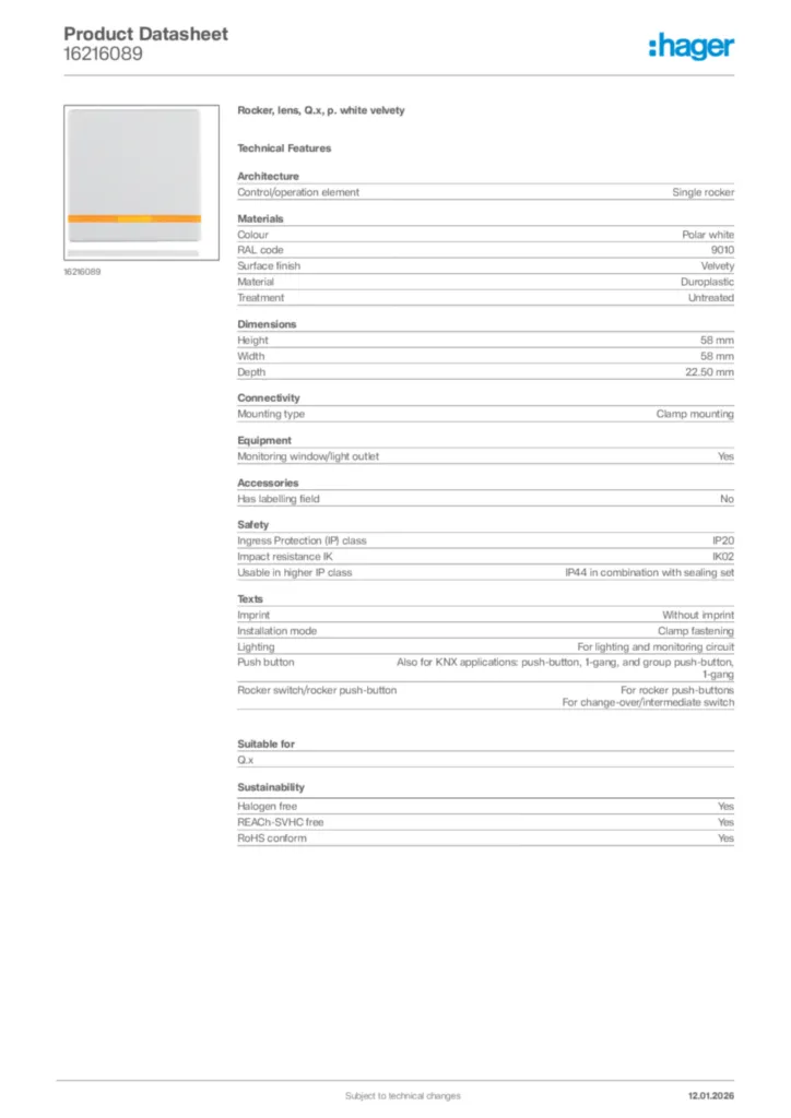 Image Hager Product data sheet 16216089  | Hager