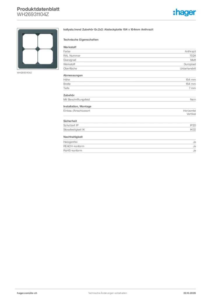 Bild Hager Produktdatenblatt WH26931104Z | Hager Schweiz