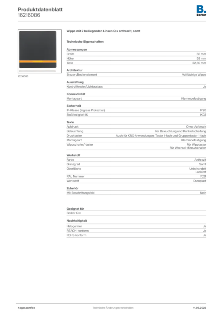 Bild Berker Produktdatenblatt 16216086 | Hager Deutschland