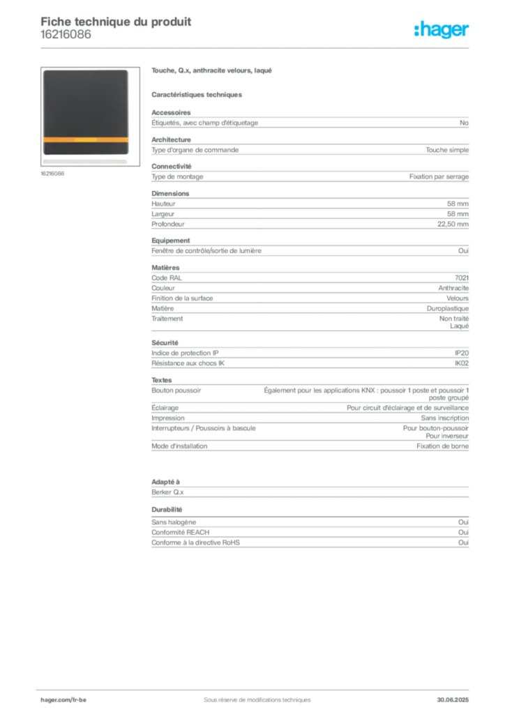 Image Hager Fiche technique du produit 16216086 | Hager Belgique