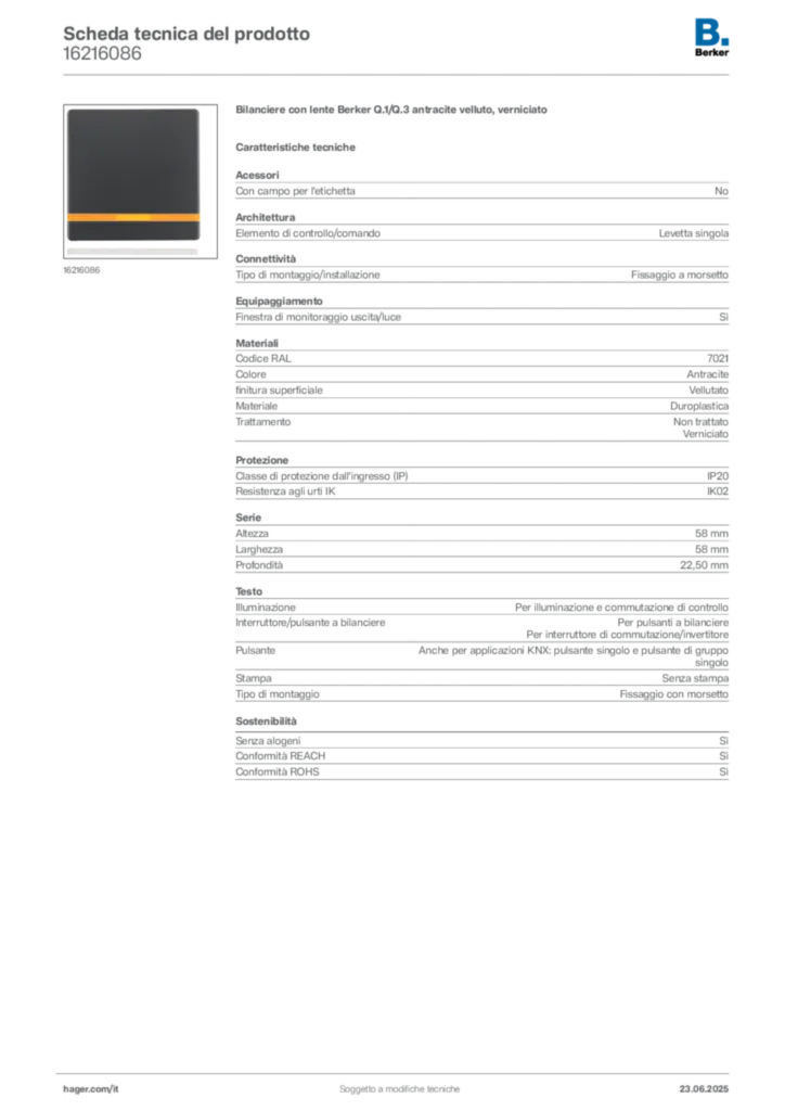 Immagine Berker Scheda tecnica del prodotto 16216086 | Hager Italia